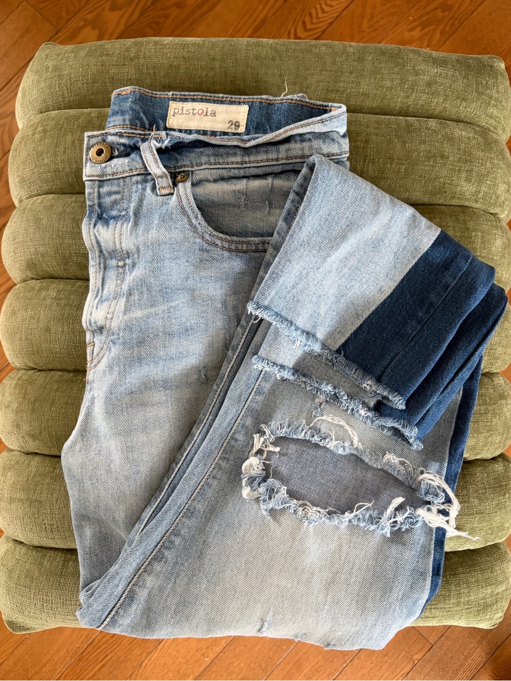 Light Blue Distressed Women’s Jeans with Dark Side Panel
